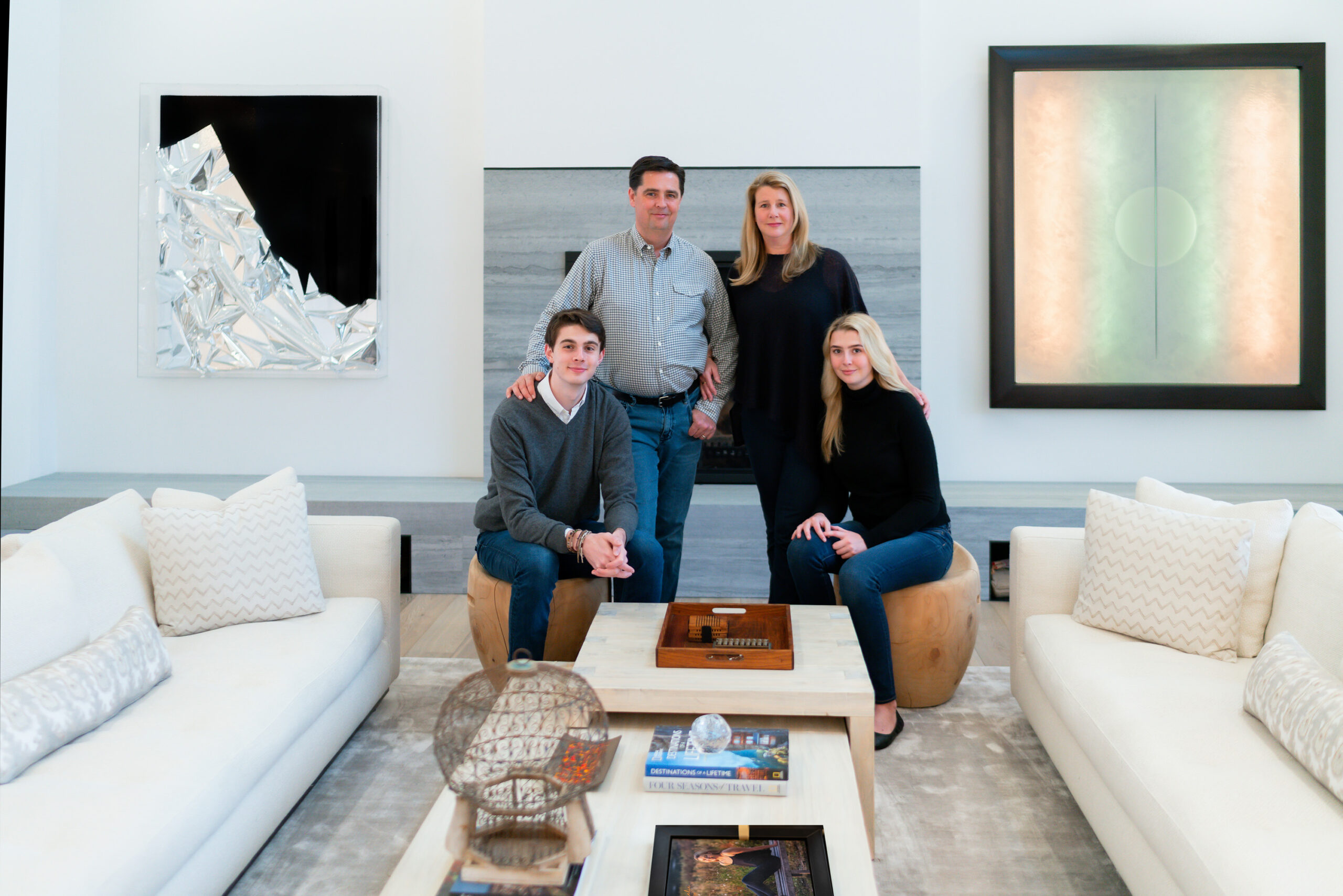 Family Portraits at your home in Concord, MA in the winter. Photographed by Chiha Portraits.